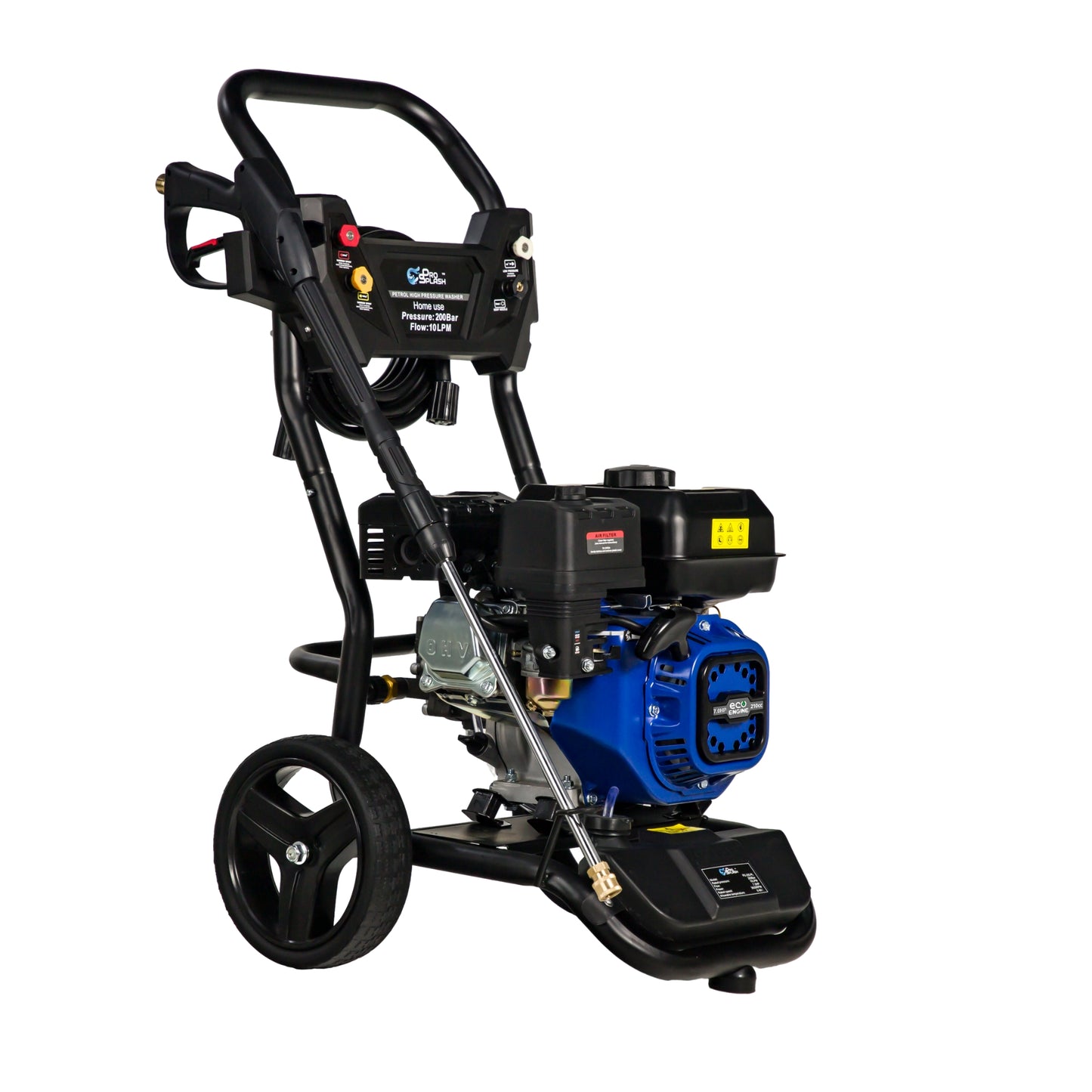 Pressure washer with blue engine and black body on a white background