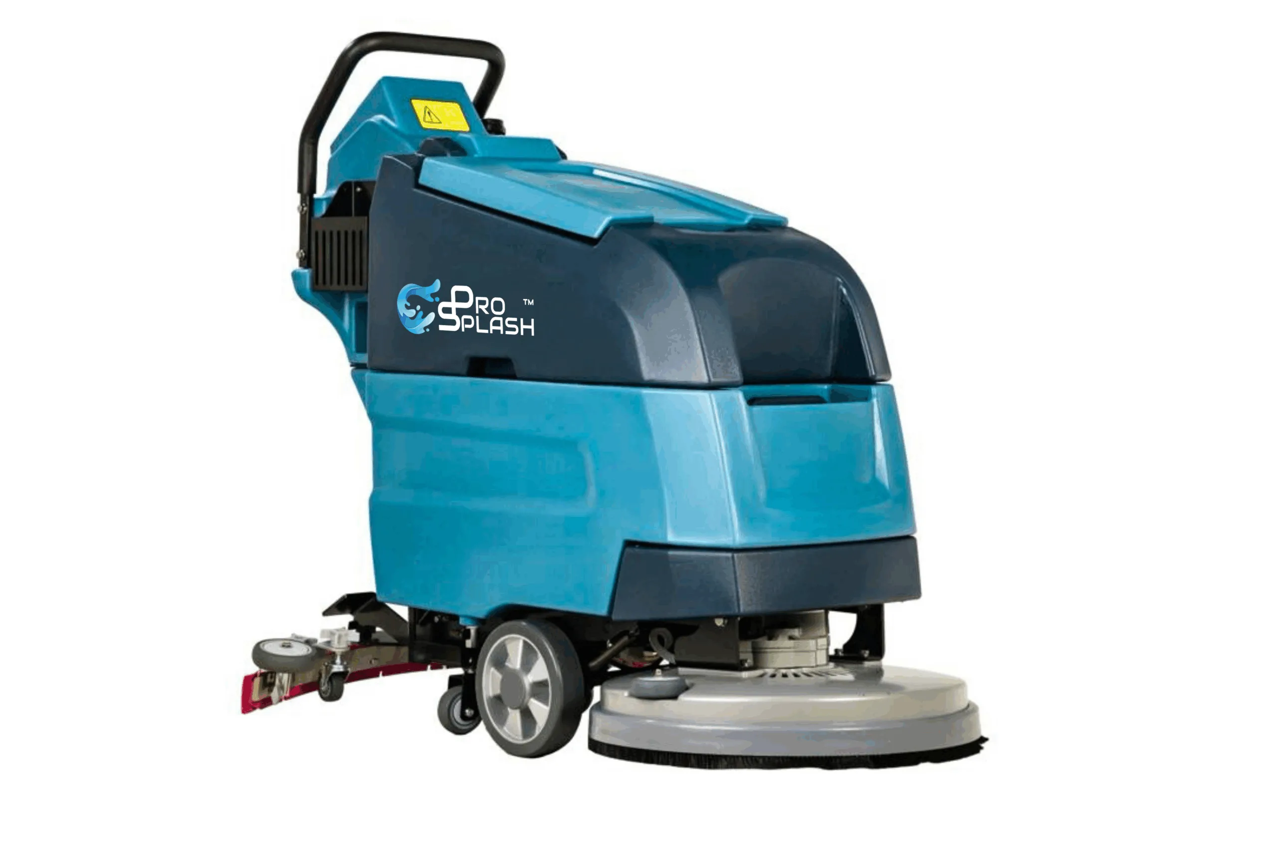 Walk-behind floor scrubber PS-60-E shown at a three-quarter front angle, featuring a compact blue and black design with visible scrub brush and wheels.